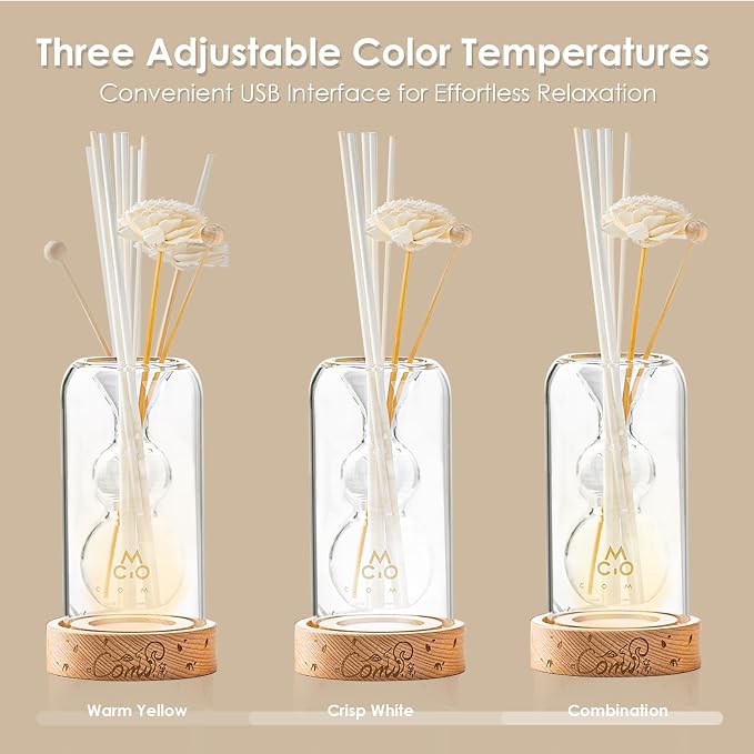 Empty Fragrance Glass Reed Diffuser Bottles with 5pcs Reed Diffuser Sticks,Luminous Base,Decorative Flower Bud Fragrance Accessories Use for DIY Replacement Reed Diffuser Sets,Gourd Shaped