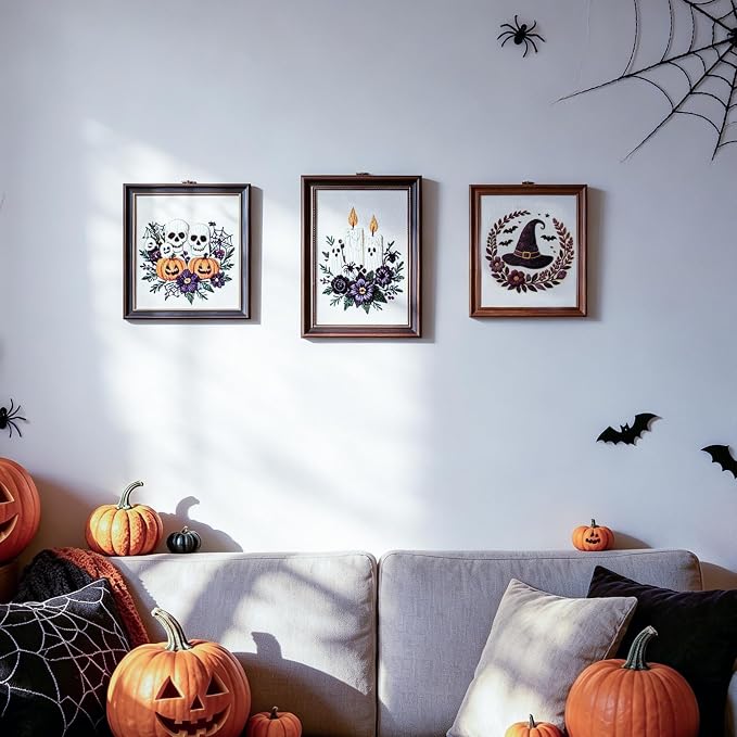 FONNUY Halloween Embroidery Kits for Beginners,Skull Pumpkin Spider Web Floral Stamped Cross Stitch Kit for Adults, Spooky Season Boho Wall Decor, 8'' Hoop (Witch Hat)