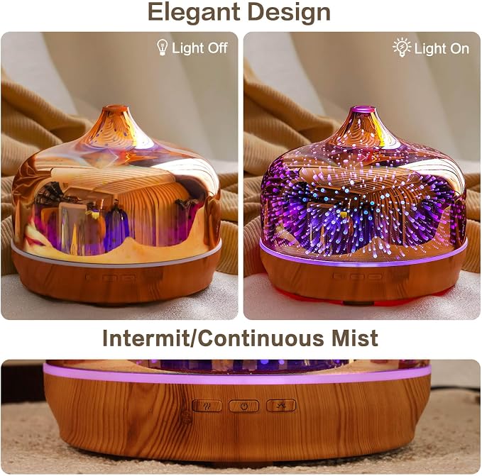 Porseme 500ml Essential Oil Diffuser 3D Glass Aromatherapy Ultrasonic Humidifier-Auto Shut-Off, Timer Setting, BPA Free for Home Hotel Yoga SPA Gift