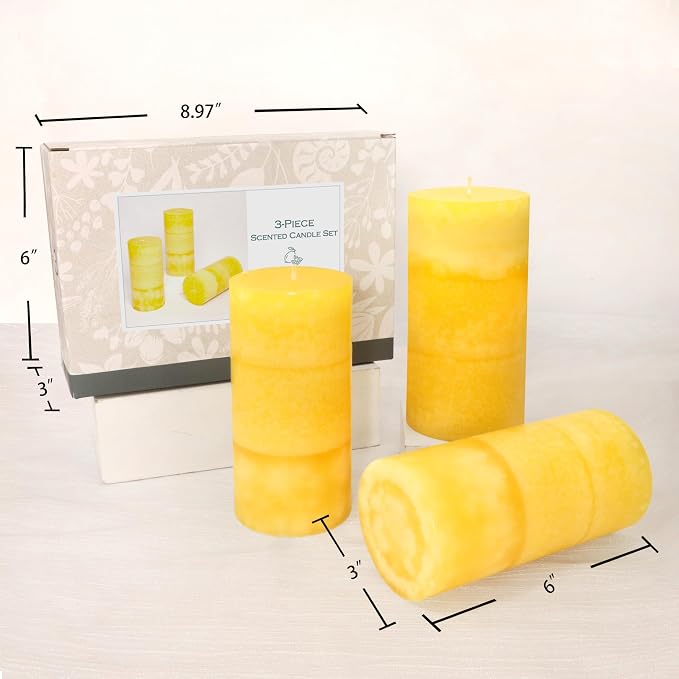 3 x 6 Inches Pillar Candles Lemon Scented Yellow Decorative Rustic Candles Citrus Scent Clean Burning Hand-Poured Large Candles Decorative for Home Aesthetic Relax Spa Bathroom