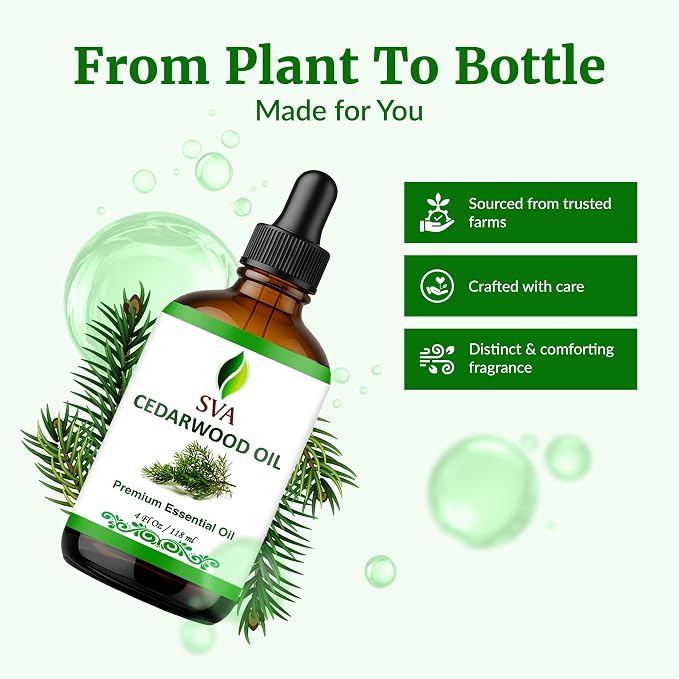 SVA Cedarwood Essential Oil – 4 Fl Oz – 100% Natural Cedar Juniperus Mexicana Oil - for Diffuser, Hair Care, Face, Skin Care, Aromatherapy, Scalp and Body Massage, Soap and Candles – with Dropper