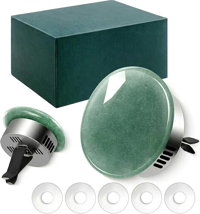 Car Vent Freshener Natural Green Aventurine Air Freshener Gift Box Scented Diffuser with 5 Unique Fragrances (Cologne, BlueBell, Bergamot, Rose, Tea Fragrance) -Long-Lasting Aromatherapy for Car