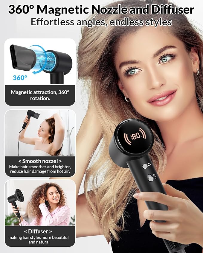 Diffuser Hair Dryer, Ionic Travel Hairdryer with 110000 RPM High-Speed Motor for Fast Drying, 1600W Low Noise&Lightweight Blow Dryer with Concentrator for Women Men, Professional Salon Home (Black)