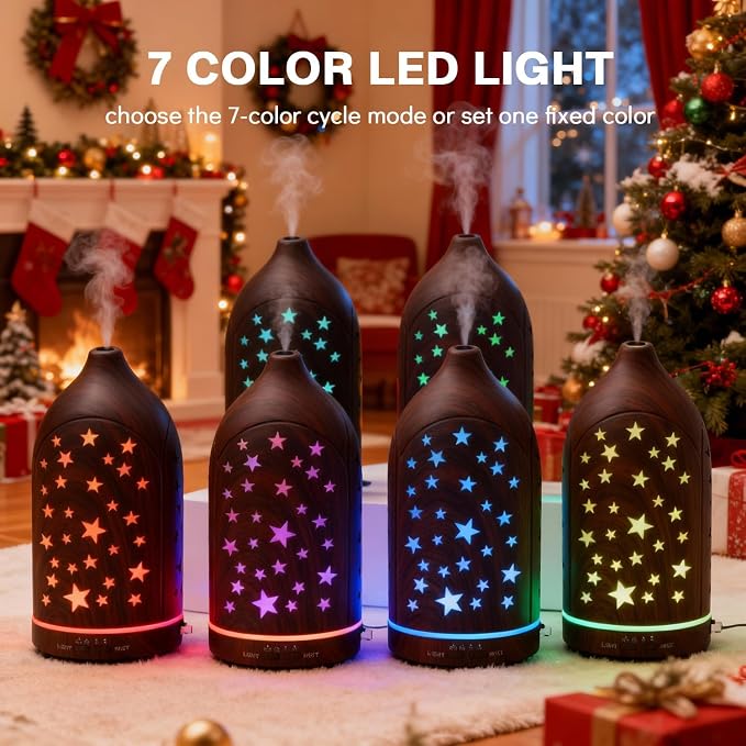 Aromatherapy Diffusers,7.1''x3.5''Diffuser with 3 Essential Oil Set,Small 200ml Office Desk Humidifier with 7 LED Colors Night Lights,Waterless Auto-Off for Home Decor Gift (Star Dark Wood Grain)