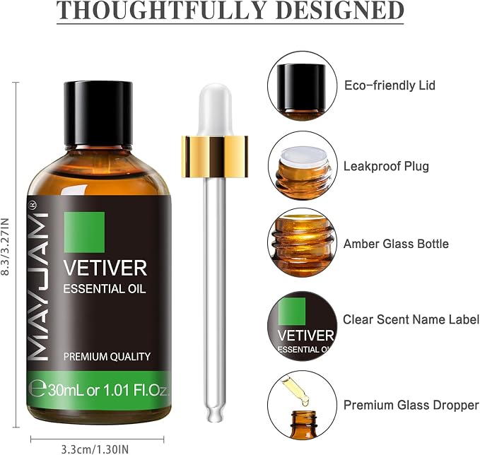MAYJAM Vetiver Essential Oil 30ML, Pure Vetiver Oil Essential Oils for Aromatherapy, Candles, Soaps(1.01FL.OZ)