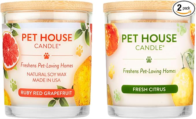 One Fur All Pet House Candle 2 Pack - Plant-Based/Soy - Clean Burning Scented, Long Lasting Pet Odor Candle for Home - Ruby Red Grape Fruit, Fresh Citrus