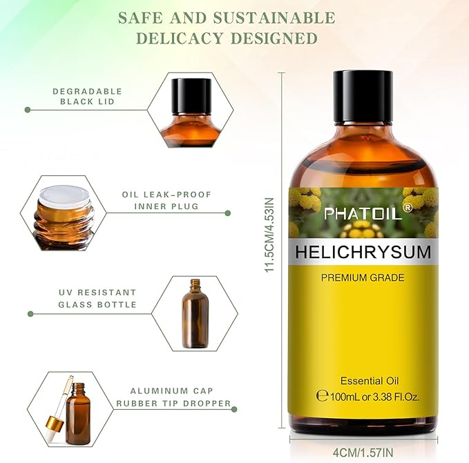 Helichrysum 3.38fl.oz Essential Oil, PHATOIL Pure Aromatherapy Oils for Diffuser, Humidifier, Perfect for DIY Soap, Candle, Bath Bombs Making(100ml)