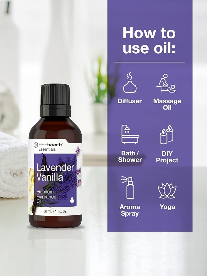 Horbäach Lavender Vanilla Fragrance Oil | 1 fl oz (30ml) | Premium Grade | for Diffusers, Candle and Soap Making, DIY Projects & More