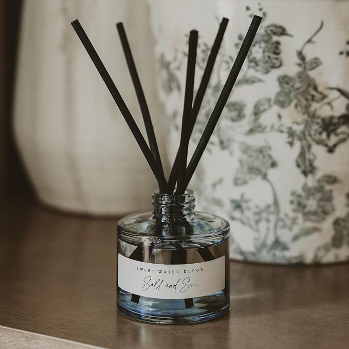Sweet Water Decor Salt and Sea Reed Diffuser Set, Blue Tinted Glass Jar, Sea Salt Citrus and Musk Amber Scent, Long Lasting Fragrance, Non Toxic Oil Reed Diffuser for Home & Office, Poured in the USA