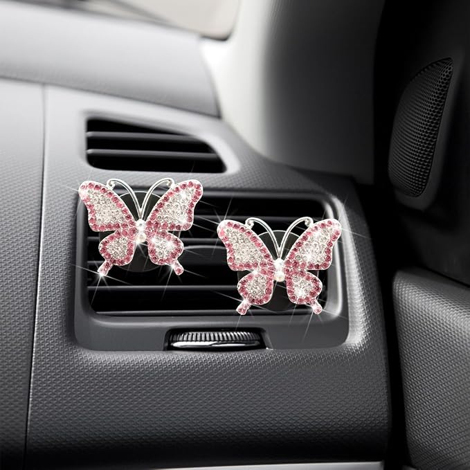 Bittwee 2PCS Bling Butterfly Car Freshener Air Vent Clips, Sparkling Crystal Rhinestone Auto Diffuser Clamps, Full Diamond Vehicle Interior Decoration Charm for Women Girls, Universal Fit（Pink）