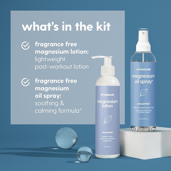 Unscented Magnesium Lotion & Spray for Sleep, Suitable for Sensitive Skin, Helps with Muscle Relaxation, Soothes Tired Legs & Foot Aches and Supports Restful Nights, 8 & 12 fl oz by M3