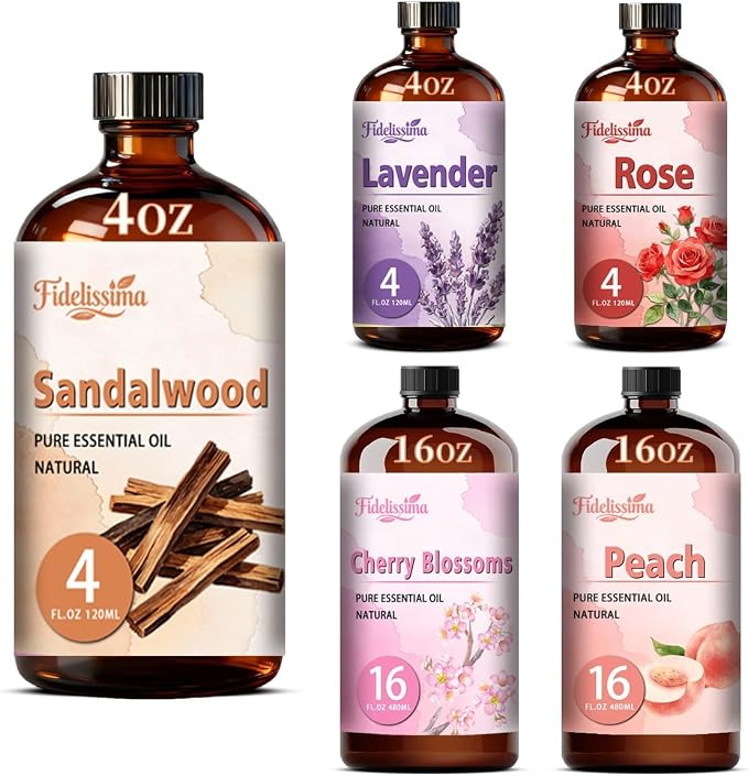 Fidelissima Natural Essential Oil Set,5 Scents Gift Kit–Sandalwood,Lavender,Rose,Cherry Blossom,Peach,Fragrance Oil for Diffuser,Candle Soap Making,Personal Care with Glass Dropper