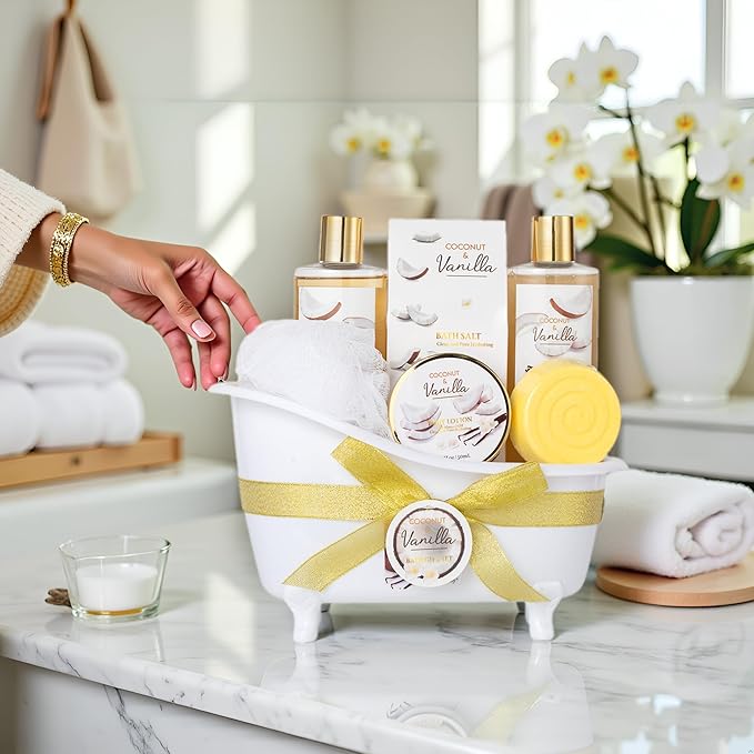 Spa Gift Basket for Women & Men Pamper Kit- 8-Piece Bath Kit Coconut Vanilla Bath & Body Gift Set for Women Self Care Spa Gift Baskets | Perfect Gifts Mom, Birthday Gift, All Occasion Holiday Present