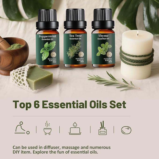 Essential Oils Set 6x10ml, Pure Eucalyptus Peppermint Tea Tree Rosemary Thyme Vetiver – Aromatherapy for Diffuser, Skin, Hair, Candle & Soap Making, Natural Air Purifier & Outdoor Protective Barrier