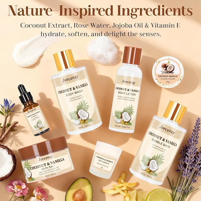 22PCS Spa Gift Baskets for Women, Luxury Bath and Body Gift Basket Set for Women Coconut Vanilla Spa Kit Relaxing Spa Self Care Gift for Her Wife Lover Mom Sister