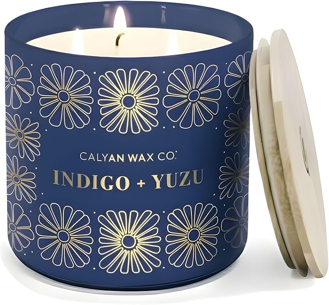 Calyan Wax Co. Indigo & Yuzu 3 Wick Scented Candle - 43 Hour Burn - Luxury 3 Wick Soy Candles - Clean Soy Wax Candles - Long Lasting Large Glass Jar Candle for Home - 14.9oz
