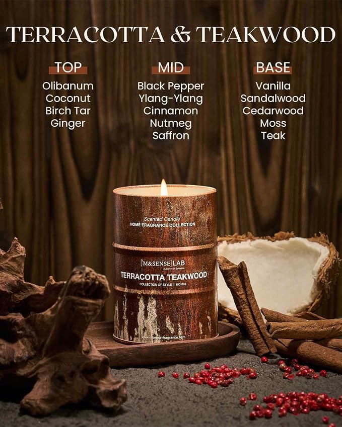 M&SENSE Terracotta Teakwood Scented Candles Christmas Decor,Natural Non Toxic, Aromatherapy Candle for Stress Relief Meditation Relaxing, Housewarming Gifts for Women Men, 11.3oz 70 Hour