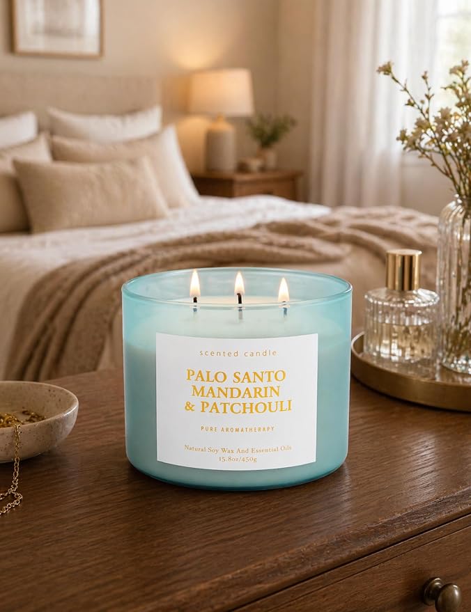 Palo Santo Mandarin Patchouli 3-Wick Soy Candle | 15.8 oz Calming Aromatherapy Candle for Home | Clean Burn Long Lasting | Warm Wood Citrus Scent | Stress Relief Candle Gift for Women & Men