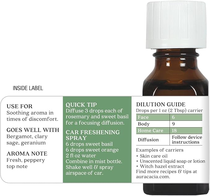 Aura Cacia Sweet Basil Essential Oil, 100% Pure Ocimum Basilicum Oil - Clarifying Aromatherapy for Diffusers, Home Care, Skincare, Custom Blends | 0.5 Fl Oz (Pack of 1)