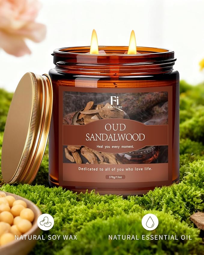 Oud & Sandalwood Scented Candle, 13 oz Soy Wax Candle with Cotton Wick, 76-Hour Clean Burning, Non-Toxic Woodsy Scent for Relaxation & Focus, Aromatherapy Candle, Housewarming Gift