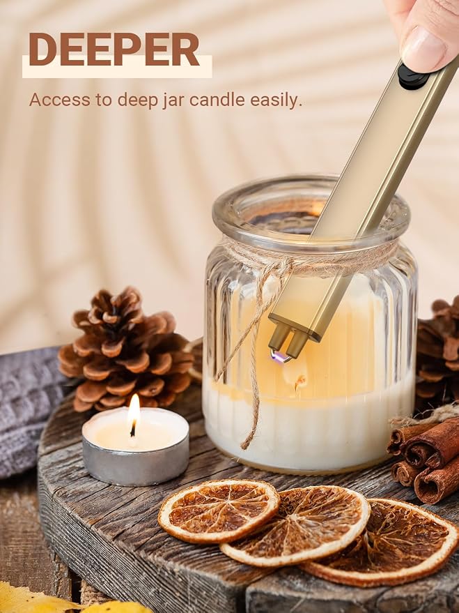 Candle Lighter Stocking Stuffers for Women Men, Electric Candle Lighter USB Rechargeable Graduation Gifts for Wife Girlfriend Safety Lock Long Lighters for Grill Kitchen BBQ Camping,Champagne Gold