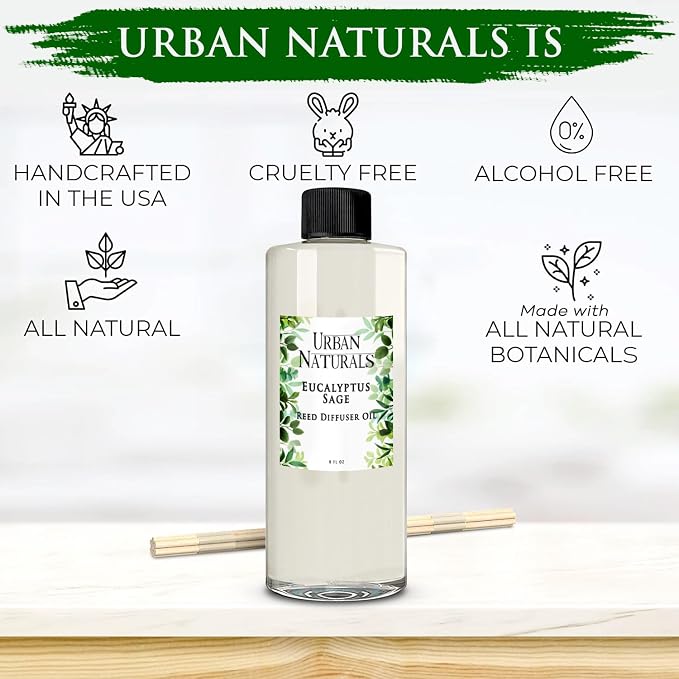 Urban Naturals Reed Diffuser Oil Refill Eucalyptus Sage with Mint, Lime, Cedarwood 8 oz + Free Reed Sticks, Made in the USA