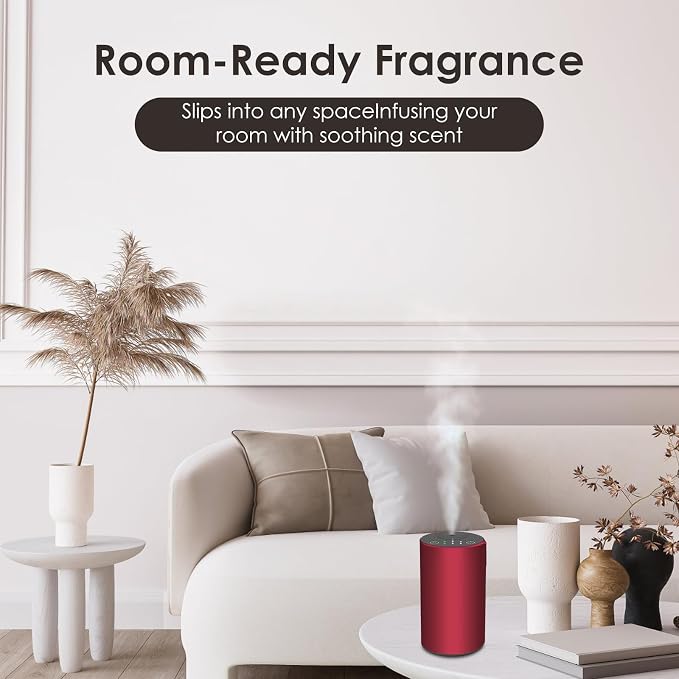 Waterless Essential Oil Diffuser, 7 Colors LED Light, Battery Powered Mini Scent Air Machine, Aromatherapy Mist Diffuser for Home Room Car Office，Black Aluminum Alloy (Red)