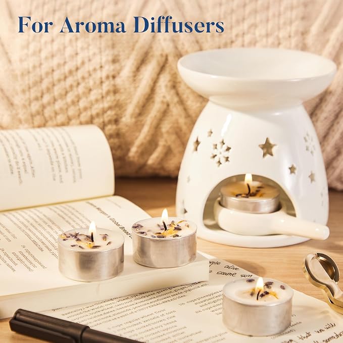 Crenovo Scented Lavender Tea Lights Candles with Dried Lavender Flowers, 48 Pcs Soy Tealight Candles, 6-7 Hours Burning Candles for Weddings, Small Tea Light for Home, Spa