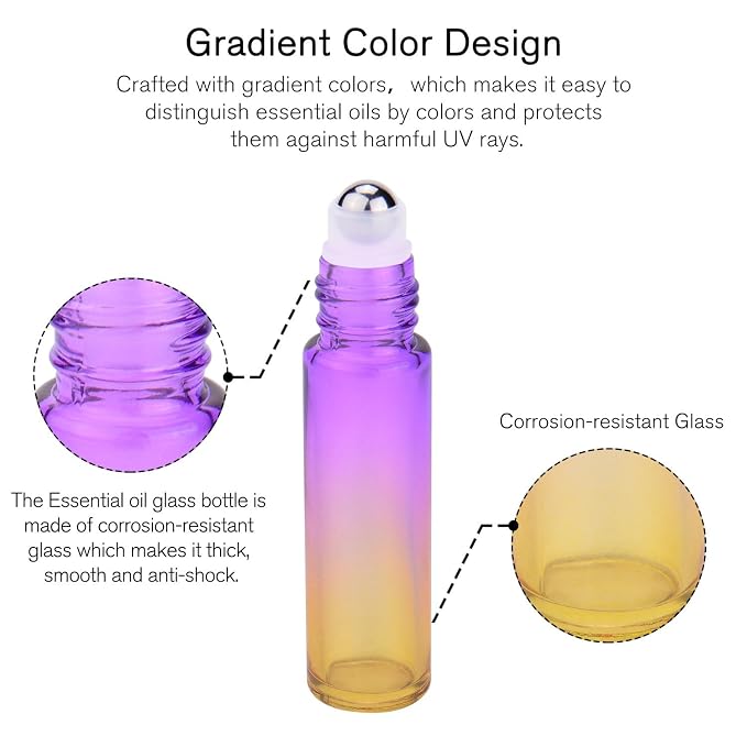 PrettyCare 60 Pack, 10 ml Essential Oil Roller Bottles with Stainless Steel Roller Ball - Bulk Refillable Leak-proof Empty Thick Rainbow Glass Roll on Bottles with Metal Caps for Travel, Perfume