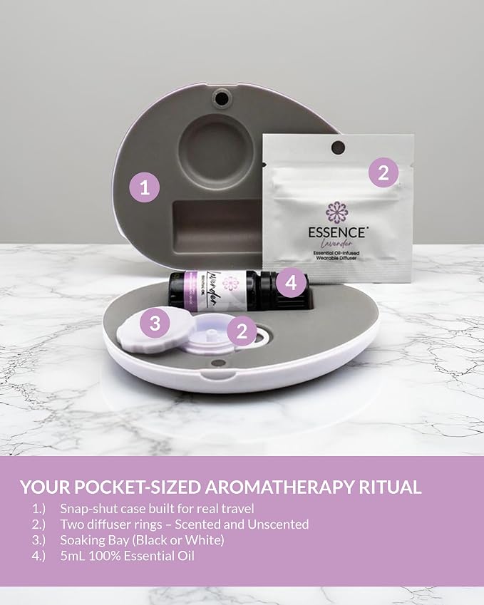 Essence Pearl Travel Case | Lavender Essential Oil | Aromatherapy Nasal Diffuser & Essential Oil Carrying Case | Calming Lavender Oil Scent | Travel-Friendly Kit | White Pod