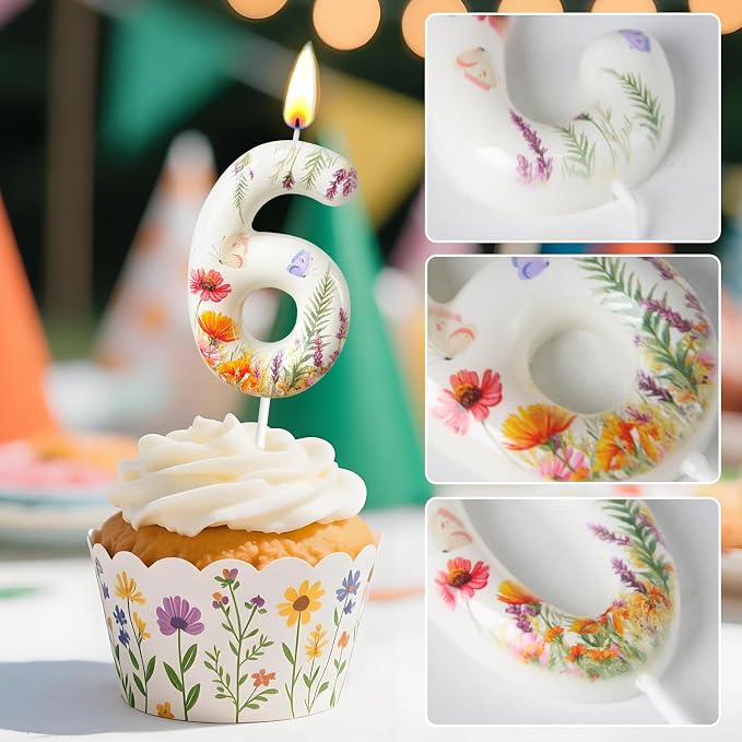 Number 6 Birthday Candle for Cake – Floral Botanical Design with Butterfly Detail – Elegant Cake Topper for Birthday, Garden Party Decoration