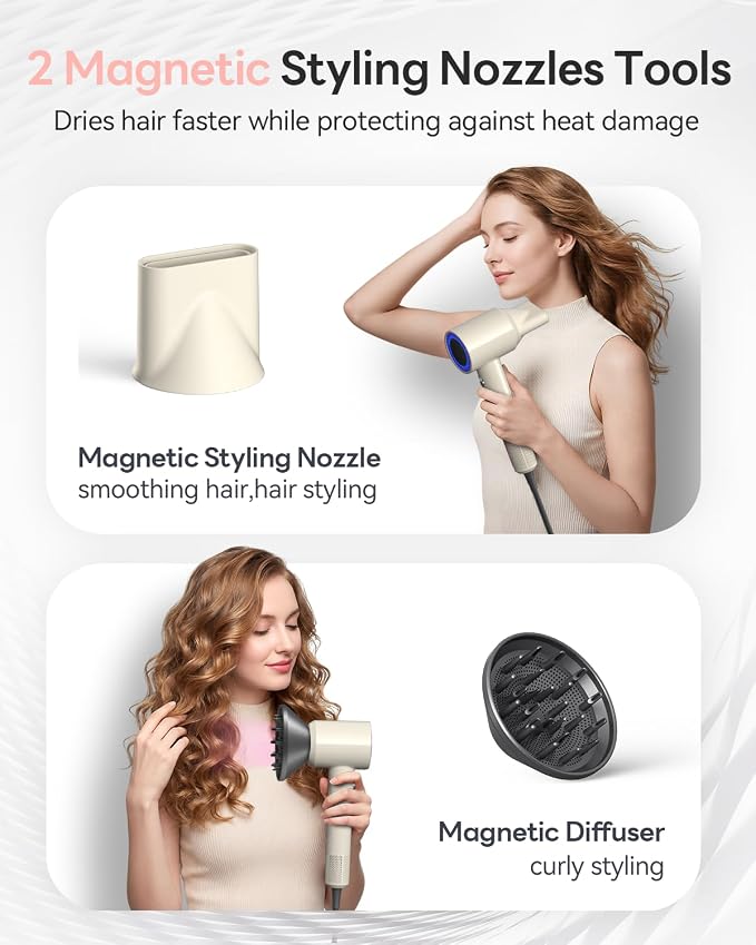 Blow Dryer, 160000RPM Brushless Motor Blow Dryer with 500M Negative Ions Fast Drying Hairdryer, Thermo-Control Low Noise Compact Hair Dryer with 2 Magnetic Nozzles for Curly or Straight Hair