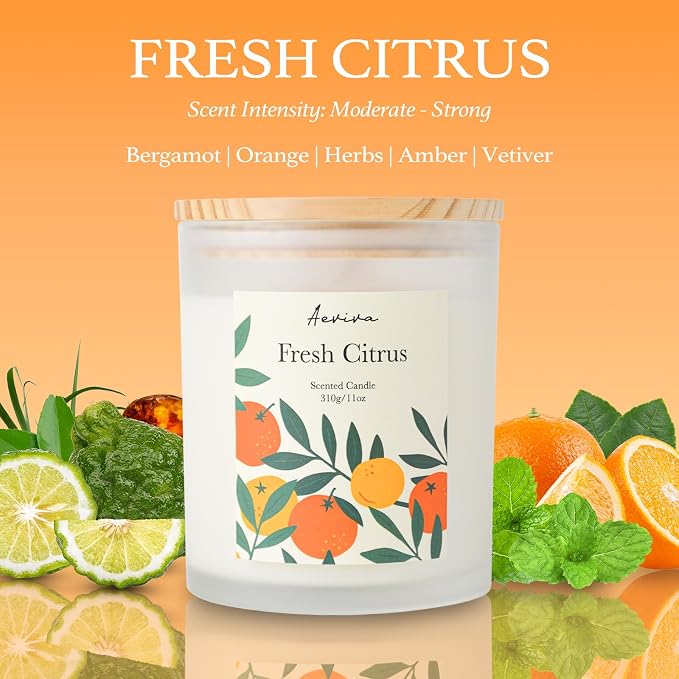 Fresh Citrus Scented Candle, 11oz 60 Hour Burn, Natural Soy Wax with Thick Cotton Wick, Highly Scented Aromatherapy Candle for Stress Relief & Meditation, Gifts for Women & Men