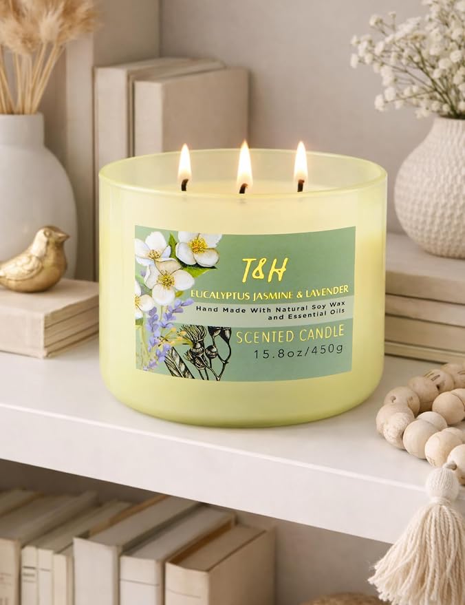 Eucalyptus Jasmine Lavender Scented Candle | 3-Wick Large Soy Candle for Home, 15.8 oz | Eucalyptus & Lavender Aromatherapy Candle | Self Care Gifts for Women, Candles for Men