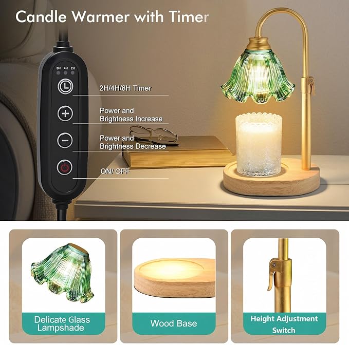 Candle Warmer Lamp with Timer & Dimmer, Adjustable Height Electric Wax Melt Warmer for Scented Jar Candles, Home Fragrance Decor, Birthday Gifts Women Mom