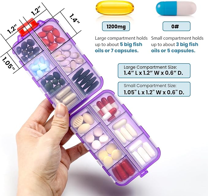 14 GRIDS Travel Pill Organizer Box with Labels - Travel Medicine Case Kit - Pocket Daily Pharmacy Container - Travel Medication Holder Dispenser for Fish Oil Vitamin Supplement Storage - Clear Purple