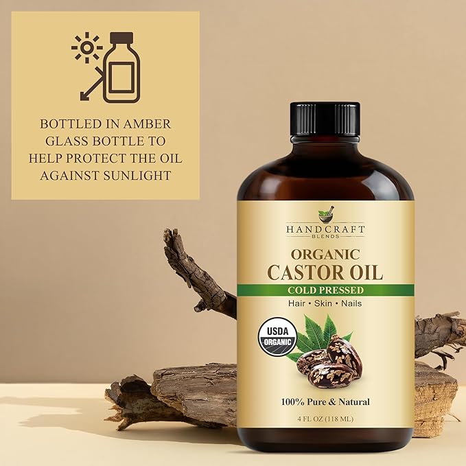 Handcraft Blends Cold-Pressed Organic Castor Oil 4 Fl Oz | Glass Bottle | Lash Brushes | 100% Pure and Natural | Premium Grade Carrier Oil | Hair, Eyelashes and Eyebrows | Hair and Body | Cold-Pressed