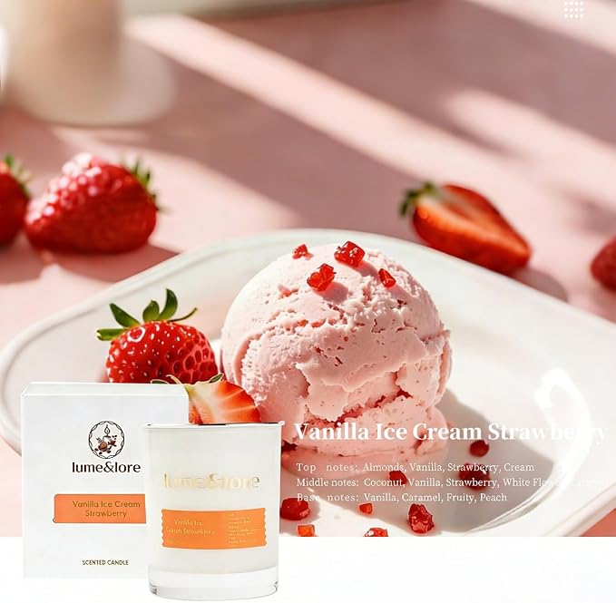 Vanilla Ice Cream Strawberry Scented Candle - 7oz Natural Soy Wax, Comforting Gourmand Aroma for Cozy Gatherings