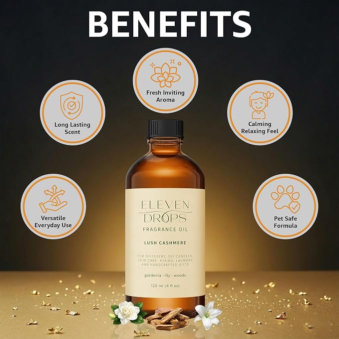 Lush Cashmere Fragrance Oil | Gardenia, Lily & Woods Notes | Long Lasting Scent Reed Diffuser Oil for Home, Office, Hotel, Spa, Car & Linen Spray | Pet Friendly IFRA Compliant, 4 oz
