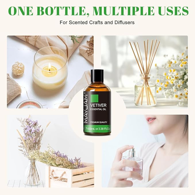 MAYJAM Premium Grade Vetiver Essential Oil - 100ML/3.38FL.OZ for Diffuser, Aromatherapy Oils for Candles, Soaps