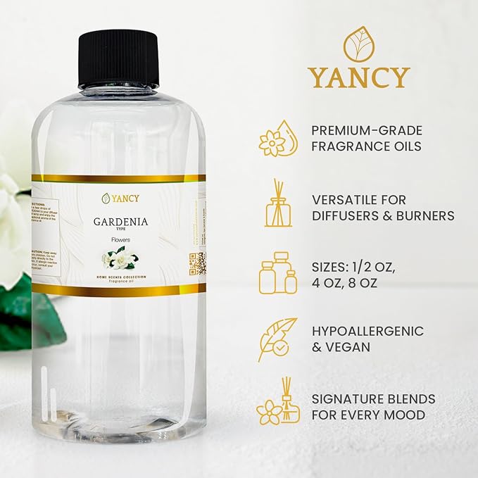 YANCY Gardenia Home Collection Fragrance Oil (4 oz), Pure Gardenia Floral Scent, Elegant Fragrance for Diffusers, Oil Burners & Aroma Lamps, Fresh Floral Ambiance for Any Room