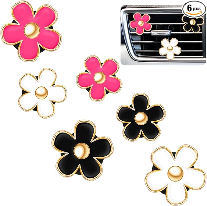 Frienda 6 Pcs Daisy Flower Air Vent Clip Accessories Air Conditioning Outlet Clip Car Air Freshener Dashboard Accessories Charm Car Inter Decor(3 cm, 3.3 cm,Red, White, Black)