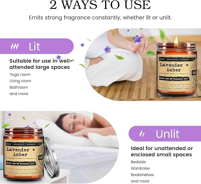 KOTKAS Amber Lavender Eucalyptus Candles for Home Scented - Aromatherapy Soy Candles Non Toxic Calming Candle Gifts for Women Relaxation Stress Relief Soothing Yoga Meditation Spa Bath Relaxing, 8oz