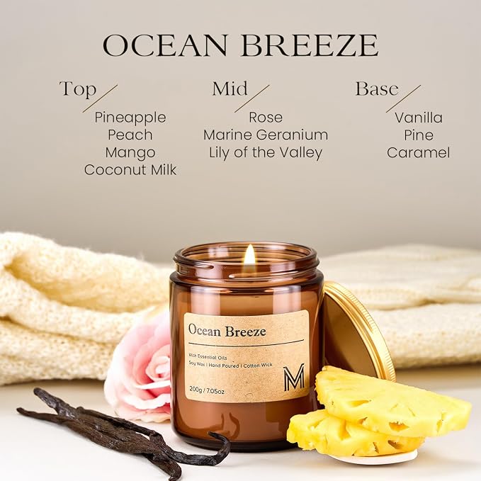 M&SENSE Oceanic Breeze Scented Small Candle, 7.5Oz Aromatherapy Candle for Home Fragrance, Soy Wax Candles Gift for Birthday, Housewarming, Amber Jar Candle for Stress Relief, Meditation, Yoga