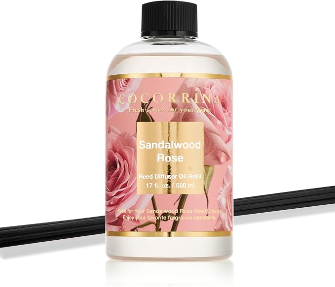Cocorrína Reed Diffuser Refill Sandalwood Rose 17oz (500ml) with 8 Sticks - Premium Long-Lasting Floral Essential Oil, Home Fragrance for Bedroom, Bathroom Home Decor