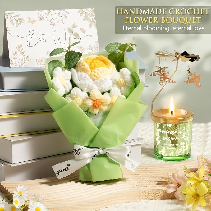 Mothers Day Gifts for Women Mom Friend Sister, Unique Birthday Gifts for Women Girlfriend Wife Daughter, Christmas Candles Hummingbird Rotating Scented Candles Set for Woman w/Crochet Flower Bouquet