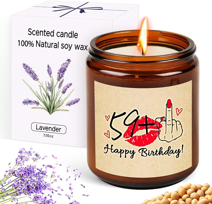 Funny 60th Birthday Gifts for Women - Lavender Scented Soy Candle, 59+1th Birthday Decorations for Her, Mom, Friend - Handmade Gift Idea, 7oz
