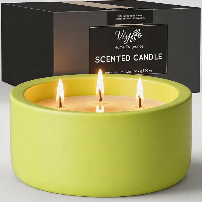 Viyffo Large Citronella & Lemon Candle Outdoor, 3 Wick 20oz Scented Candle Indoor, Non Toxic Soy, Green Ceramic Jar for Patio, Deck, Garden, Backyard & Camping, Home Fragrance, Décor & Gift