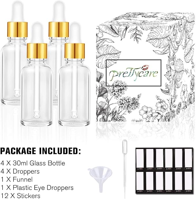 PrettyCare 4 Pack 1oz Dropper Bottles for Essential Oils, 30 ml Clear Glass Essential Oils Bottles with Labels, Funnels- Empty Leak Proof Tincture Bottles for Personal Care & Beauty