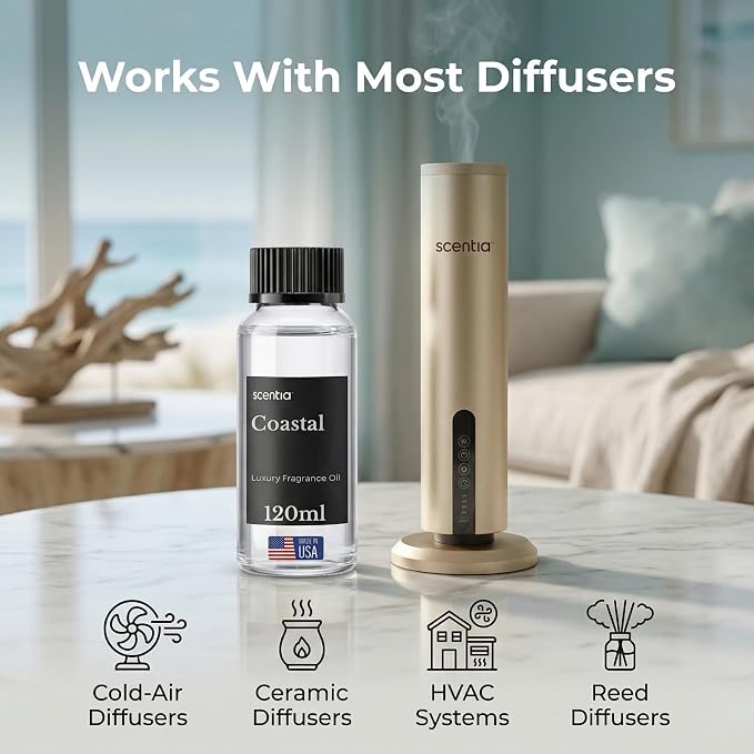 Scentia Coastal (Cabana) Diffuser Oil Refill – Hotel Fragrance Oil Inspired by 5-Star Spa – 120 mL – Jasmine, Bergamot & Sea Breeze Long-Lasting Scent for Ultrasonic & Waterless Diffusers, Made in USA
